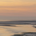 Crépuscule depuis le panorama sur la baie de Somme au Crotoy et pêcheurs de crevettes au haveneau