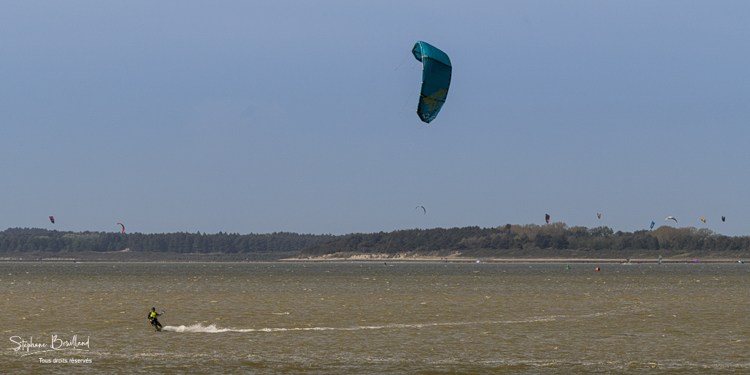 Kitesurf au Crotoy par jour de Grand vent, vu de l'autre côté de la baie